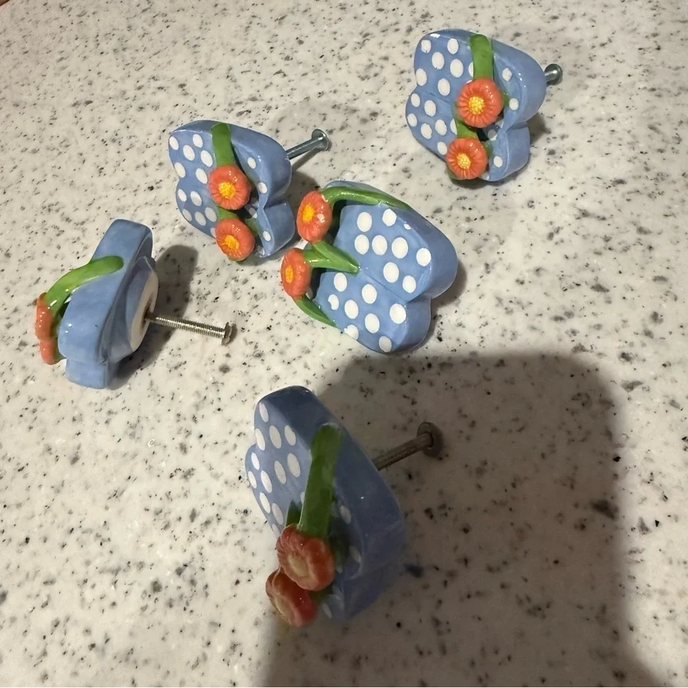 Blue Polka Dot Hand Painted Ceramic Flip Flops Beach bathroom cabinet knobs